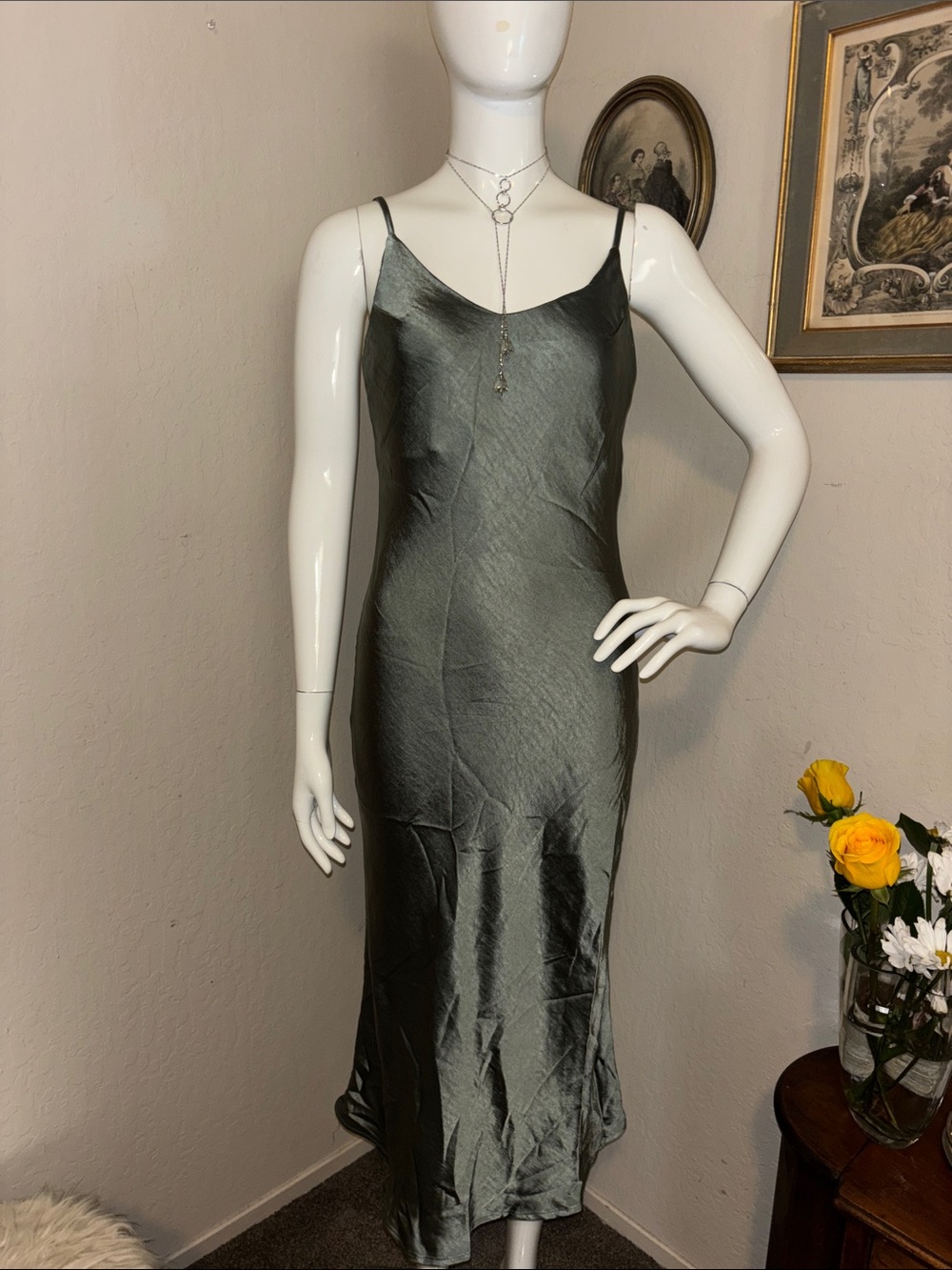 OAK + FORT Olive Green Satin Midi Slip Dress